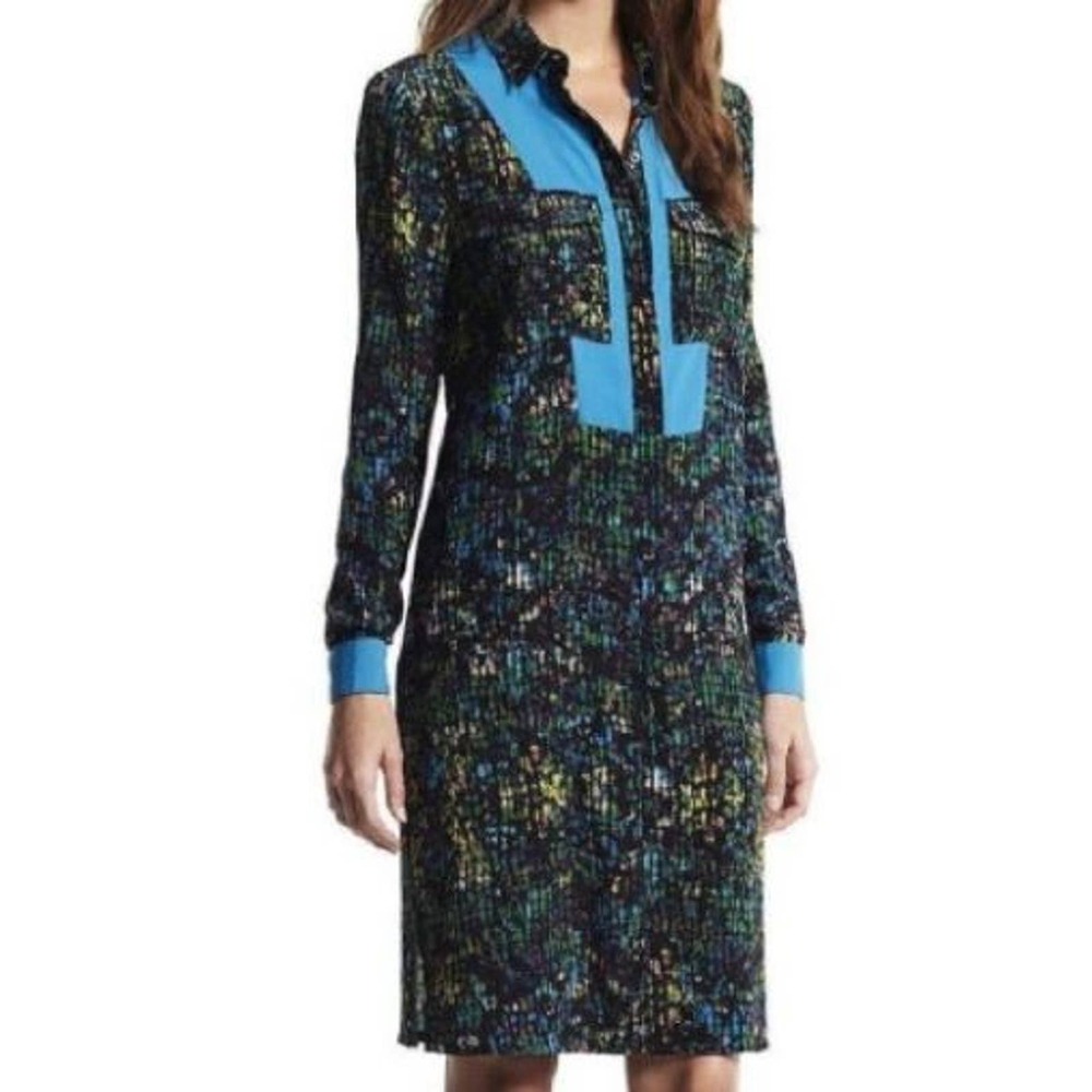 Derek Lam Design Nation Black Blue Abstract Colorful Tunic Shirt Dress S
